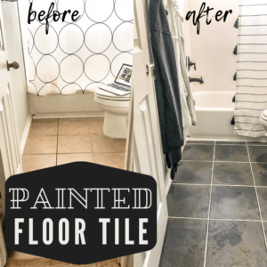 painted floor tile in the bathroom from tan to a gray faux slate look