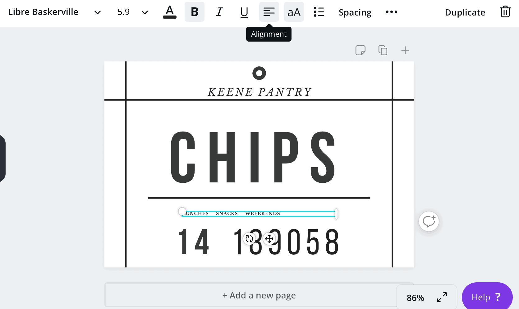Screenshot of Filling in the text for pantry labels in canvas.com 