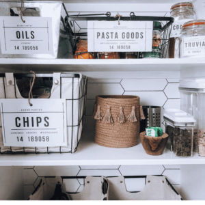 Organized pantry with bins and baskets