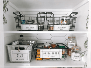 pantry organization in black wire pantry bins