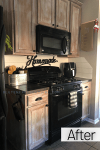 Updating oak kitchen cabinets before and After the white wash finish