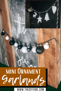 mini Christmas ornaments strung and hung as Christmas garland