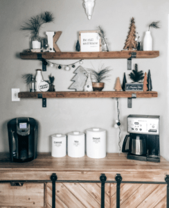 Coffee Bar with Shelves decorated for Christmas