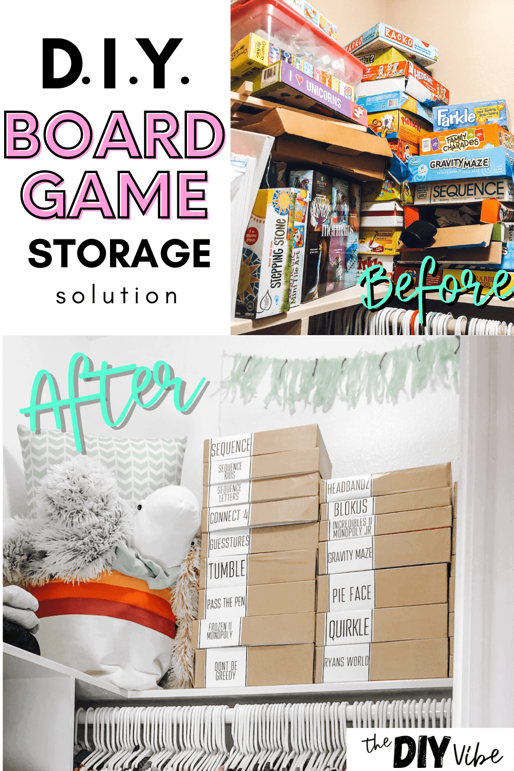 DIY board game storage before and after picture