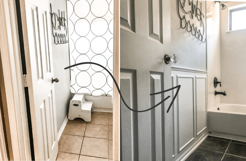 before and after pictures of wainscoting in the bathroom