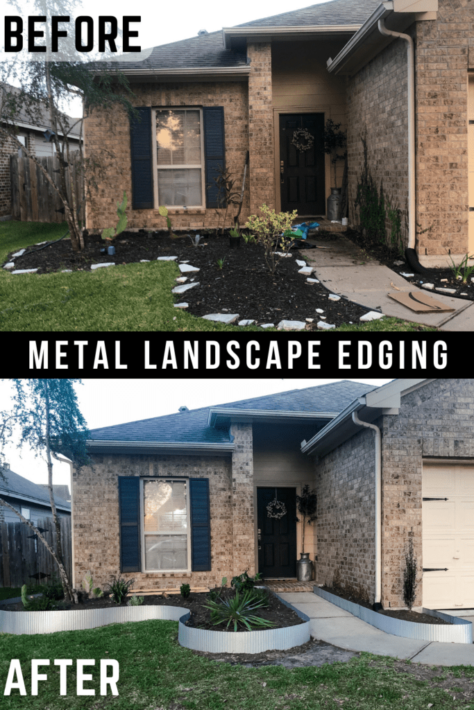 before and after picture of metal landscape edging for curb appeal