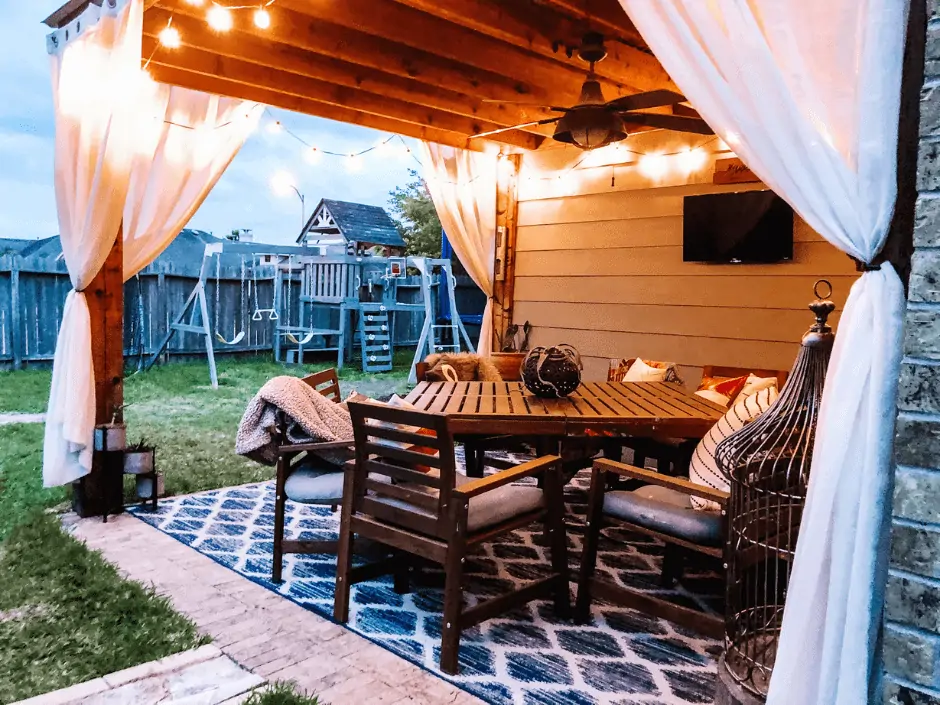 patio with tv mounted outside