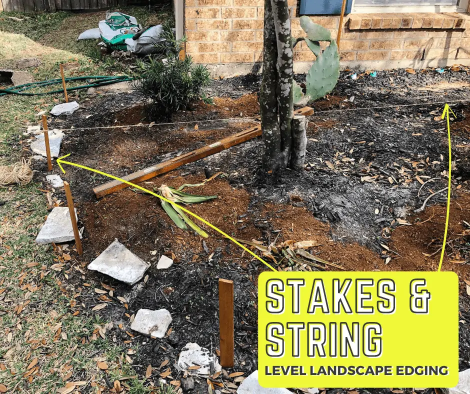 landscape stakes & string used to level landscape edging