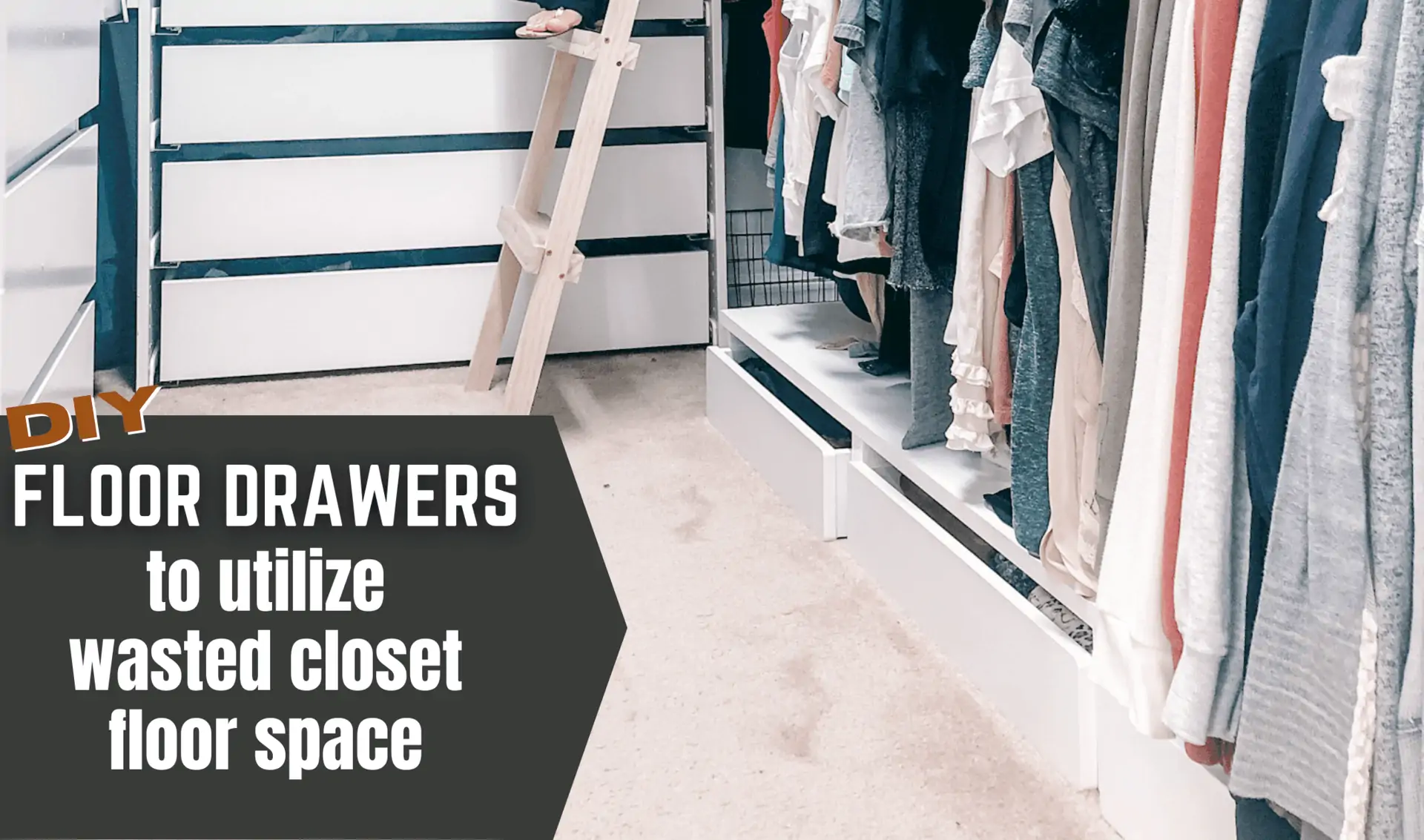 white drawers on the floor in the closet to create storage space in under utilized space