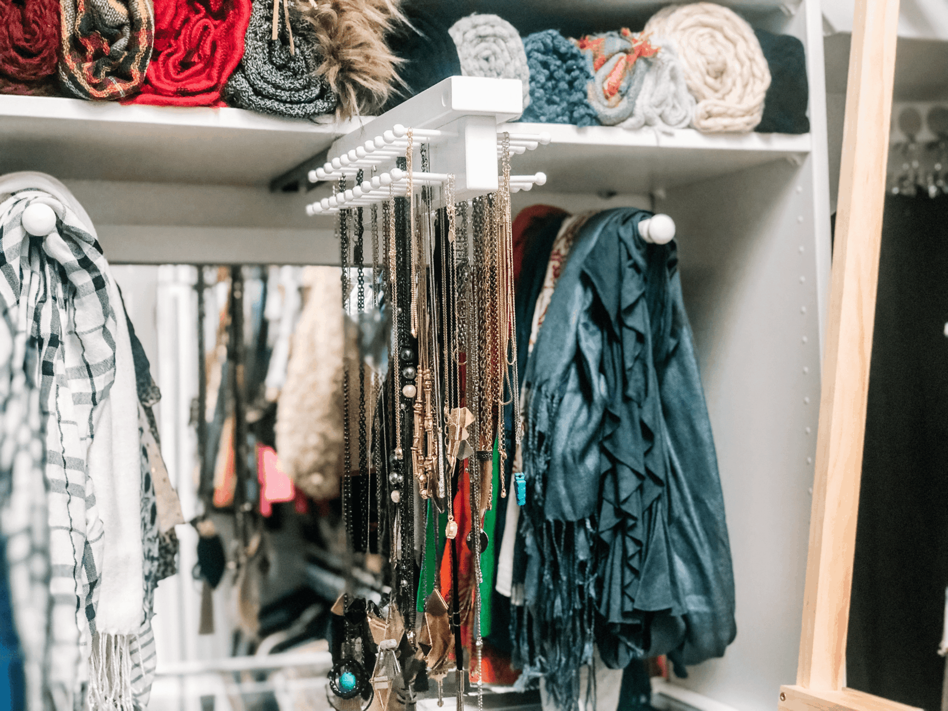 necklace and scarf organizer in closet
