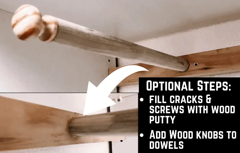 Scarf Hanger- optional steps, filling cracks with wood putty and decorative knobs on ends of dowels