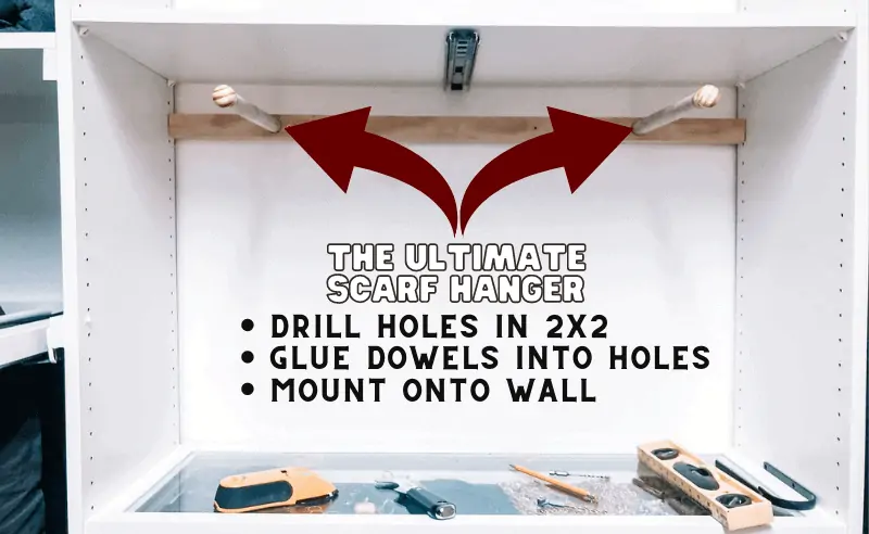 Picture with bullet points of how to make a scarf hanger