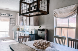 Farmhouse Kitchen with Faux Roman Shades made from drop cloths